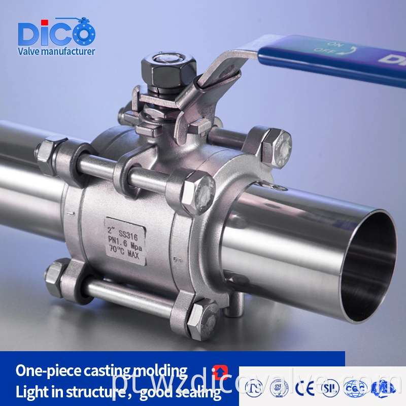 DICO Investment Casting Material de construção Comprimento sanitário alimentar BW END CF3/CF3M 3PC Válvula de esfera